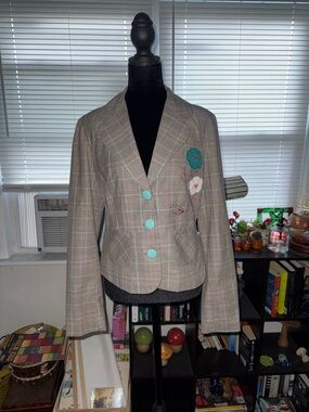 Plaid Blazer with Aqua Buttons and Floral Appliqué